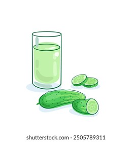 Pepino fresco cortado en trozos y un vaso de jugo de pepino.  Aislado sobre fondo blanco. Ilustración plana de Vector. Plantilla para el diseño de menús. 