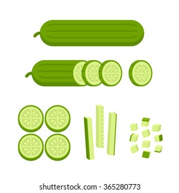 Fresh cucumber: cut, sliced and cubed. Cooking illustration in modern flat vector style.