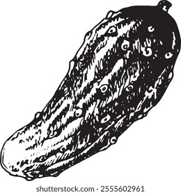 Fresh cucumber detailed hand drawn black and white sketch.