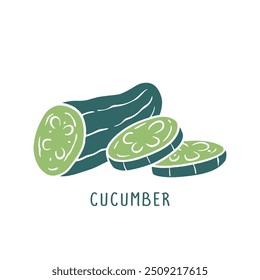 Fresh Cucumber Illustration. A vibrant and minimalistic illustration of a fresh cucumber with sliced pieces, perfect for food related content and healthy lifestyle theme.