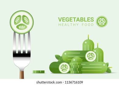 Fresh cucumber on fork with pile of cucumbers background , healthy food concept , vector , illustration
