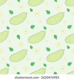 Fresh Cucumber Pattern on Light Green Background with Flowers and Leaves for Kitchen Decor and Food-Related Designs