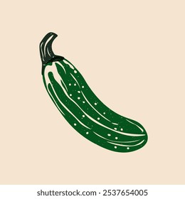 Fresh cucumber risograph effect. Cartoon organic vegetable with riso print texture, healthy diet food, green farm product. Vector isolated illustration.