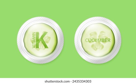 Fresh cucumber slice green in pill form. High vitamin K fiber beta carotene medicine essential the health care. Natural alternative dietary supplements. Fruits rich in vitamins minerals. Vector.