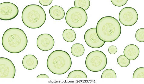 Fresh cucumber slices scattered across a white background.
