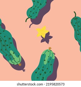 Fresh cucumber vegetables and flower in front of a cheerful, colorful background.