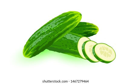 Fresh cucumbers, cukes or gherkins whole and cut to segments. Green vegetable using for salads, pickling. Cartoon vector illustration isolated on white background for menu, recipes, packing.