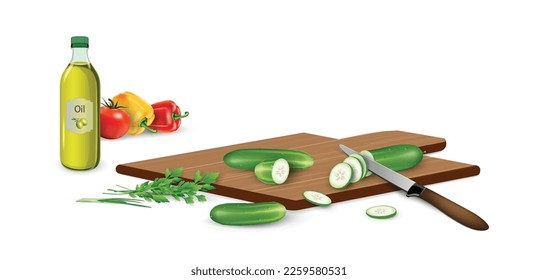 Fresh cucumbers cut into slices with a knife on a wooden cutting board in the process of cooking vegetable salad, other ingredients - tomato, paprika, olive oil, parsley nearby. Healthy food concept.