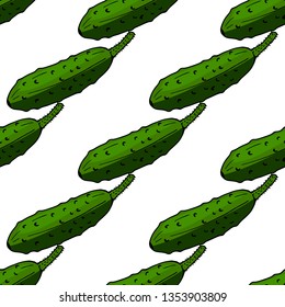 Fresh cucumbers on white background. Seamless background. Endless pattern. Vector image. Healthy food and diet. 