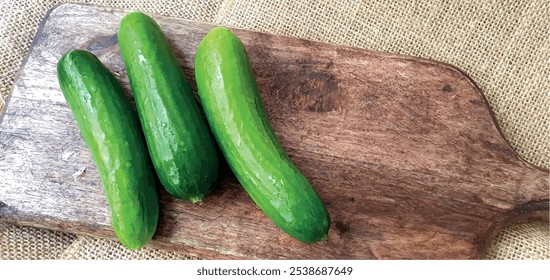 Fresh cucumbers on a wooden board close-up. Green cucumber on a wooden board. Small green cucumbers on the table. Juicy cucumbers for cooking. Fresh healthy vegetables.