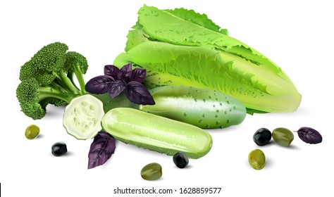 Fresh cucumbers with fresh salad, broccoli and olives with Basil on a white background.