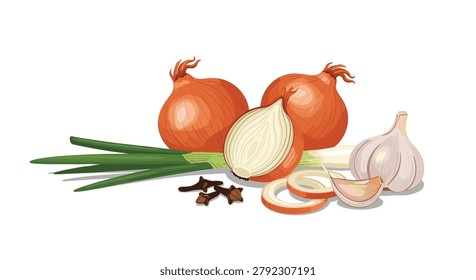 Fresh culinary ingredients including whole and sliced red onions, a garlic bulb, green spring onions, and small dried cloves on white.