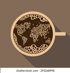 fresh cup of coffee with foam in the shape of a world map in vector punched holes