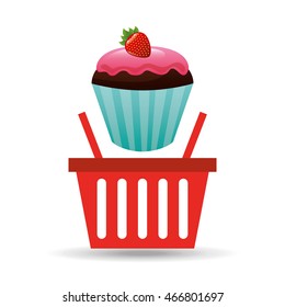 fresh cupcake bakery products basket, vector illustration