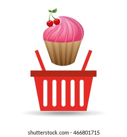 fresh cupcake bakery products basket, vector illustration