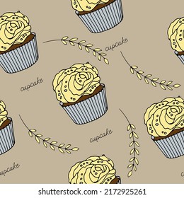 Fresh cupcake with cream decorated with dragee and chocolate chips seamless pattern