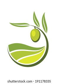 Fresh curling green cartoon olive logo with grades and quality of olive oil depicted by levels in shades of green in an organic bio concept