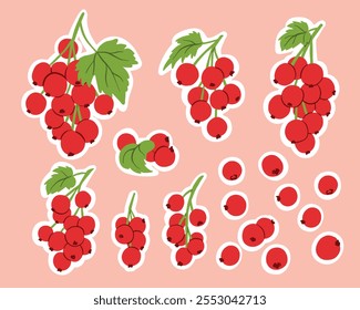 Fresh Currant Berries and Branches Stickers in Flat Style for Drinks and Desserts