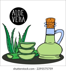 fresh cut aloe vera plant, whole leaves and pieces, slices. Extract, Essential oil with medicinal extract in bottle of aloe vera, from fresh leaves