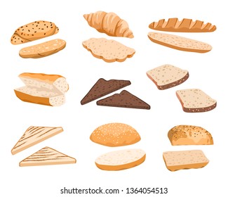 Fresh cut buns collection isolated on white background. Vector illustration. Set of different bread types for sandwiches and panini.