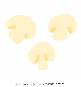 Fresh cut champignons mushrooms. Vector illustration in hand drawn cartoon flat style isolated on white background. Food, cooking. For menu, ingredient, posters, logo, restaurant, food delivery.