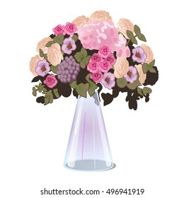 Fresh cut flowers in a glass conical vase isolated on white background. Vector illustration.
