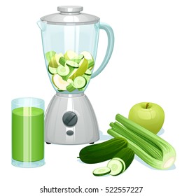 fresh cut green apples, cucumbers and celery in a glass bowl of the blender, and a glass with cocktail