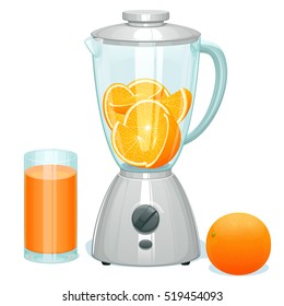 fresh cut ripe oranges in a glass bowl of the blender, the whole orange lies nearby