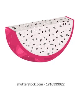 Fresh cut slice red pitaya fruits isolated on white background. Summer fruits for healthy lifestyle. Organic fruit. Cartoon style. Vector illustration for any design.