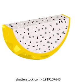 Fresh cut slice yellow pitaya fruit isolated on white background. Summer fruit for healthy lifestyle. Cartoon style Organic fruit. Vector illustration for any design.