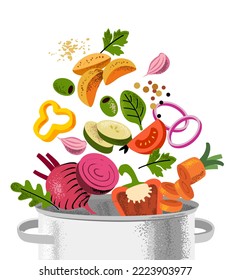 Fresh cut vegetables flying in pot.