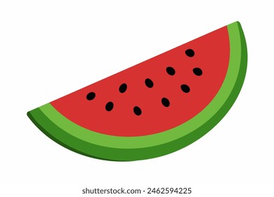 Fresh cut watermelon slice. Colorful illustration of ripe fruit. Concept of nutritious snacks, summer refreshment, natural sweetness. Graphic art. Isolated on white background. Print, design element