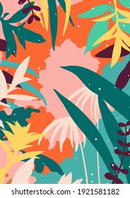 Fresh cute hand drawn tropical plants background illustration, nice colorful pastel refresh tropic summer feeling, simple shapes flat style