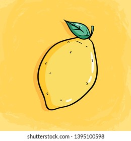 Fresh cute lemon fruit with leaf and using colored doodle style on yellow background