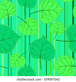 Fresh cute seamless pattern on the theme of spring,summer.Vector illustration with leaves on a green striped background.