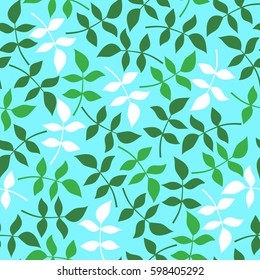 Fresh cute seamless pattern on the theme of spring,summer.Abstract vector illustration with leaves on a light blue background.