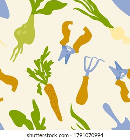 Patrón de verano fresco y lindo sin fisuras con herramientas de jardinería y verduras