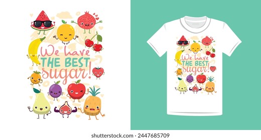 Fresh and cute vector design with watermelon, orange, pomegranate, banana, peach, plum, apple, pineapple, pear, apricot, fig, strawberry. Scalable vector file for stickers, t-shirt, tote bag prints.