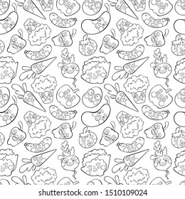 Fresh and cute vegetables set. Potatoes, carrots, radishes, beets, eggplant, pepper, cucumber, tomato, pumpkin, broccoli, salad. Seamless vector pattern (background). Cartoon print.