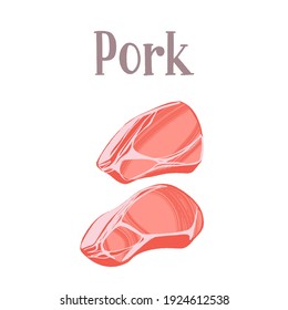 Fresh cuts of raw pork. Protein healthy nutrition product. Vector hand drawn flat isolated illustration with lettering for your design on white background.