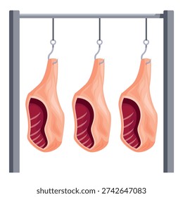 Fresh cuts of red meat are hanging on metal hooks in a butcher shop, ready for processing and sale