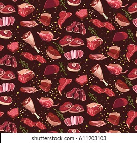 Fresh Cutting Beef Parts Seamless Pattern In Sketch Style On Dark Background Vector Illustration