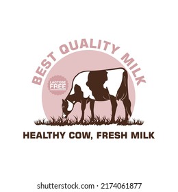 fresh dairy cow milk logo, silhouette of great cattle eating grass vector illustrations
