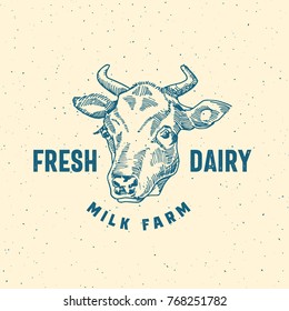 Fresh Dairy Milk Farm Abstract Vector Sign, Symbol Or Logo Template. Hand Drawn Cow Face Sillhouette With Retro Typography. Vintage Farmers Emblem. Isolated.