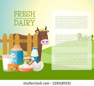 Fresh dairy products banner, poster vector illustration. Organic, quality food. Great taste and nutritional value. Milk, cheese, yogurt, cottage cheese, sour cream and cow, butter.