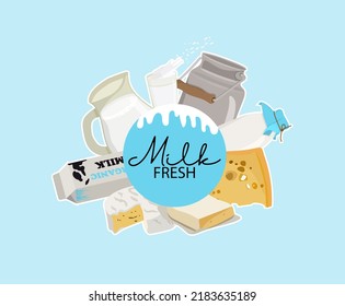 Fresh dairy products, milk, cottage cheese, yogurt and butter. Logo design