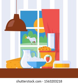 Fresh dairy products, vector illustration. Milk, cheese and butter on a kitchen table in farmhouse. Window with countryside view, grazing cow in cartoon style. Healthy organic food, rural lifestyle