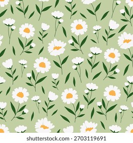 Fresh Daisy Flower Seamless Pattern on Sage Green Background
