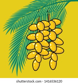 Fresh Dates on palm tree. Summer tropical fruits and palm leaves. Vector illustration