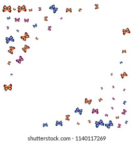 Fresh decorative butterfly silhouette kite backdrop on white. Nature butterfly hover theme vector in pink, violet, red, blue and purple colors. Repeating insect soar clipart for marketing.